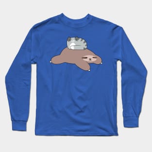 Sloth and Blue Tabby Cat Long Sleeve T-Shirt